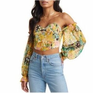 Vici Yellow Floral Off-Shoulder Crop Blouse